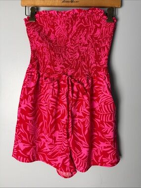 🌺 Strapless Smocked Tropical Print One-Piece Romper w/ Pockets - Pink Sz Medium